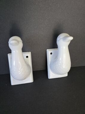 2- Vintage White Ceramic Duck Bird Wall Hooks - Decorative Home Accent